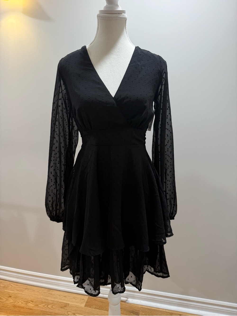 Black V-Neck Tiered Skater Dress Sheer Sleeves - Picture 1 of 6
